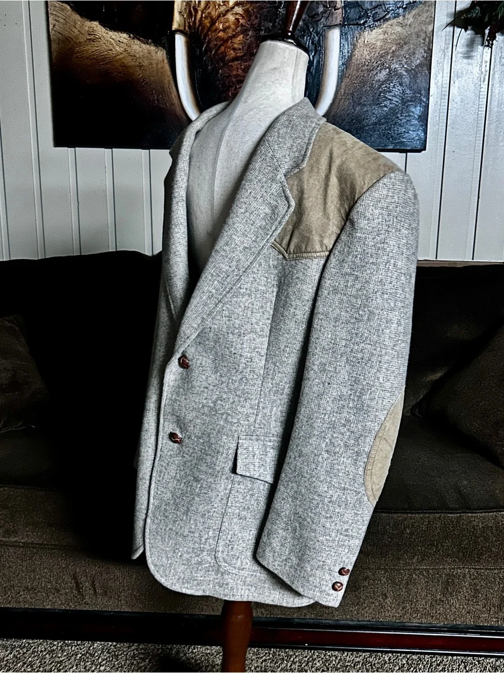 Pendleton ~ Size 42 ~ Vintage ~ Beige Brown ~ Wool Blazer Jacket W/Elbow Patches